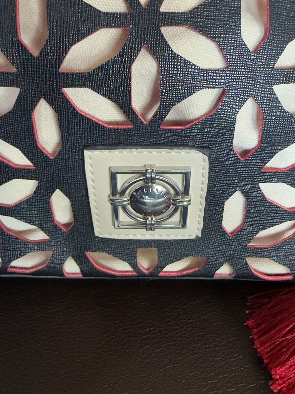 Catherine Malandrino Pink and Black Laser-Cut Tote with Cream Handles - Picture 5 of 8